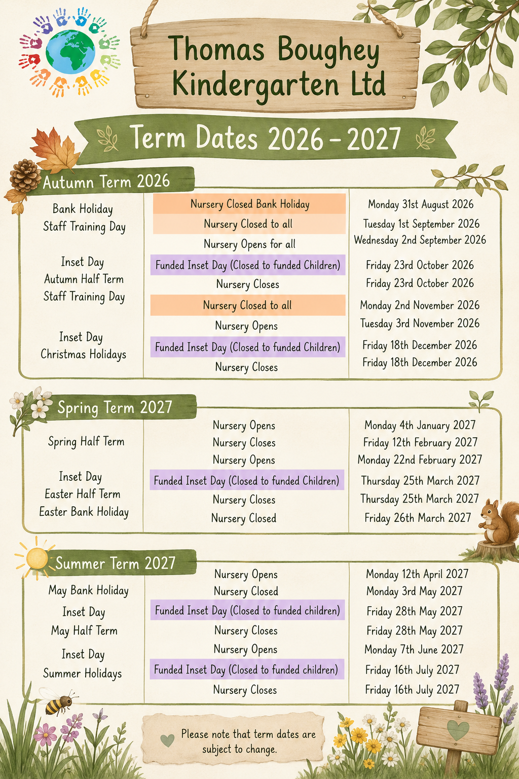 Term Dates Poster for Parents 2026 2027